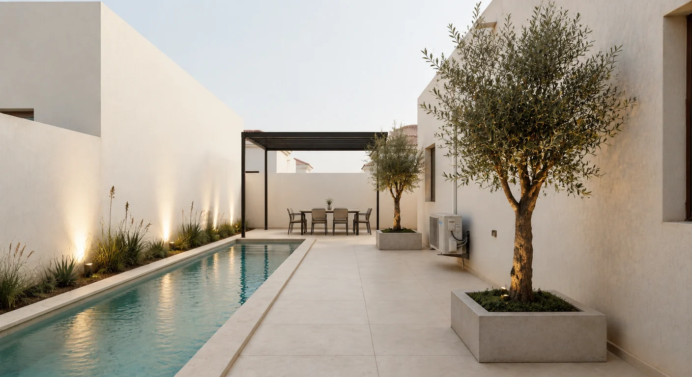 The same yard as an AI concept render — plunge pool, pergola, olive trees and porcelain paving